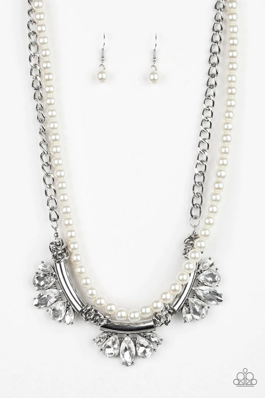 Bow Before The Queen White Pearl & Rhinestone Silver Layered Necklace Paparazzi N1905