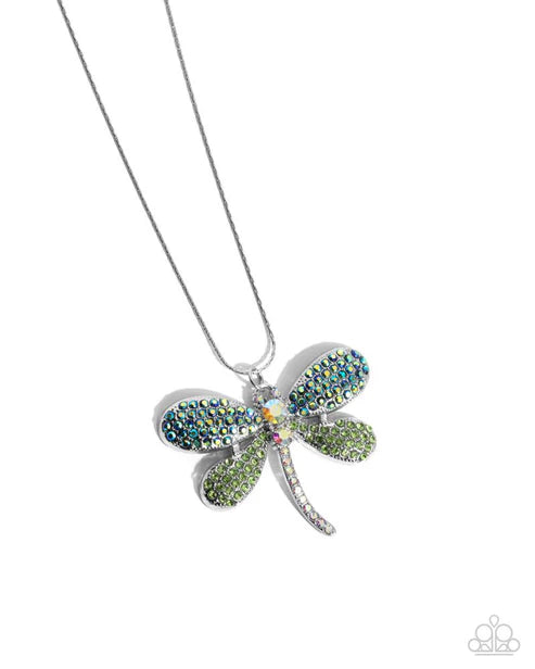 Dragonfly Defiance Green & Silver Necklace GIMME THE GLITZ 2025 Paparazzi N3083