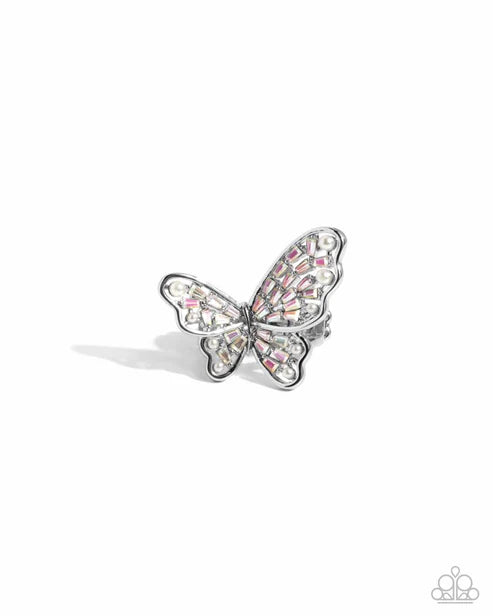 Paparazzi Hovering Haute White Iridescent Rhinestone & Pearl Butterfly Ring Gimme The Glitz 2025 R1384