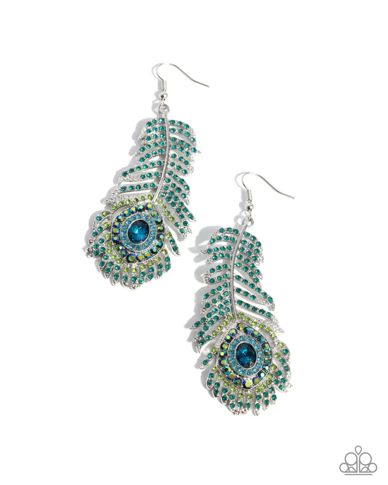 Prized Peacock - Green and Blue Rhinestone Silver Peacock Feather Earrings August 2025 Life of the Party Paparazzi