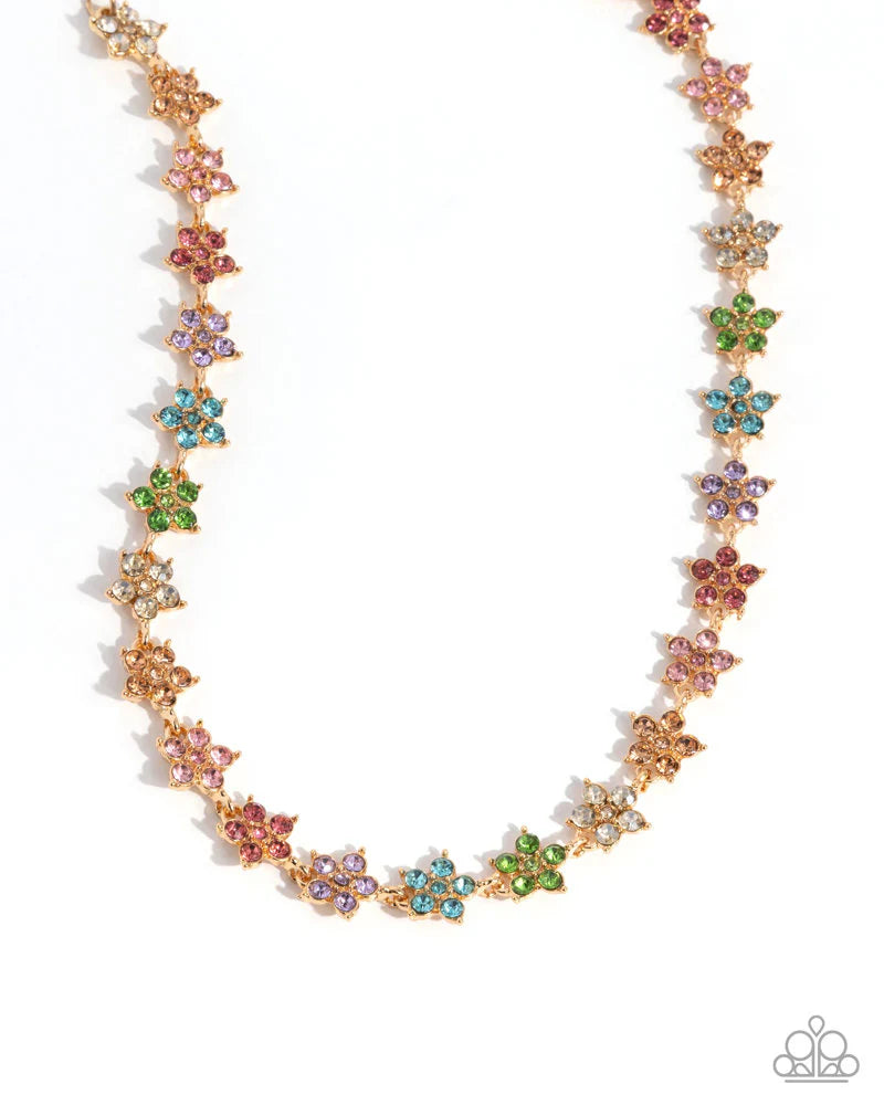 Floral Field - Multi Color Rhinestone Gold Necklace August 2025 Life of the Party Paparazzi