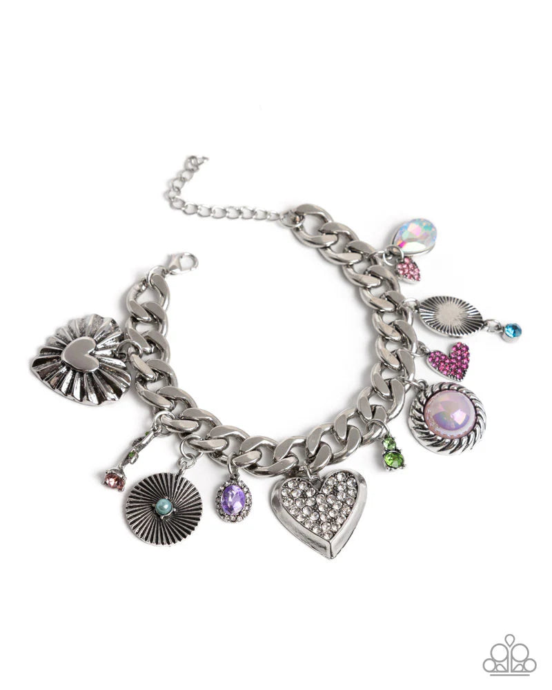 Massively Malibu - Multi Iridescent Gem Pink Heart Silver Charm Bracelet August 2025 Life of the Party Paparazzi