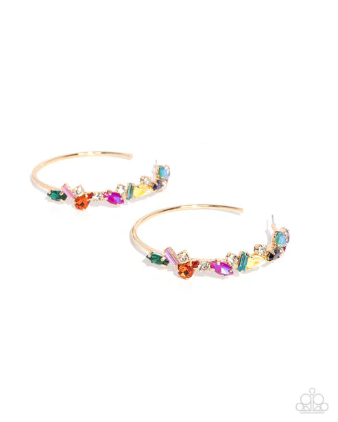Multicolored Memory Multicolored Rhinestone & Gem 2 1/2 Inch Hoop Earring Paparazzi 2025 Summer Party Pack E2937