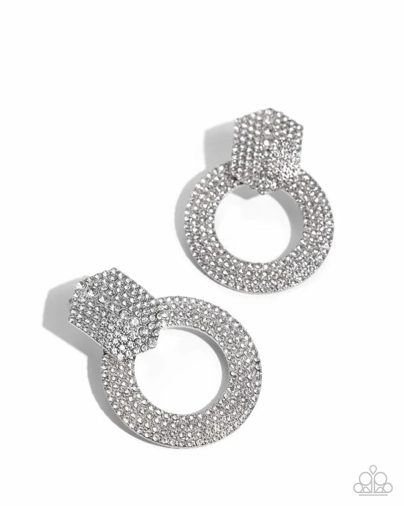 Paparazzi Sparkly Safeguard - White Rhinestone Silver Circle Post Earrings Life Of The Party February 2026 E3331