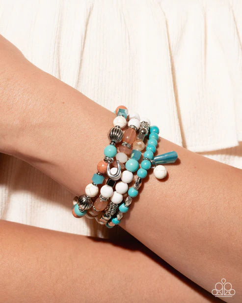 Marbled Mashup Multi Turquoise, White, Stone & Silver Bead Set Of 4 Stretch Bracelets 2025 Summer Pack Paparazzi B2258