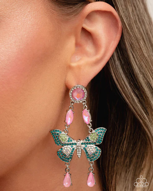 Fluttering Finish Multi UV Splashed Pink Rhinestone Frame & Blue Green Iridescent Rhinestone Butterfly Post Earring 2025 Summer Party Pack Paparazzi E2930