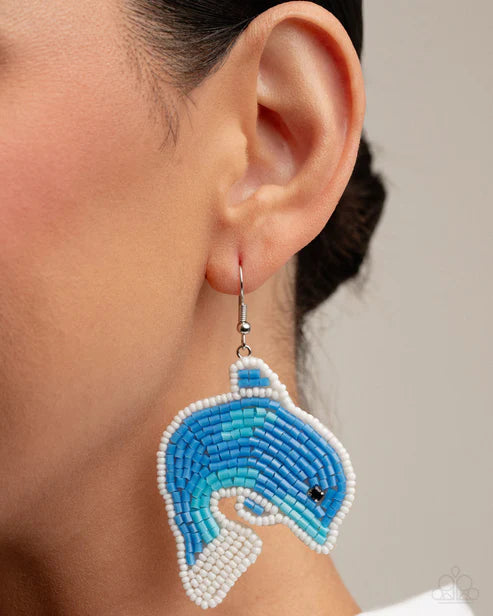 Dynamic Dolphin Blue & White Seed Bead Dolphin Earring 2025 Summer Pack Paparazzi E2929