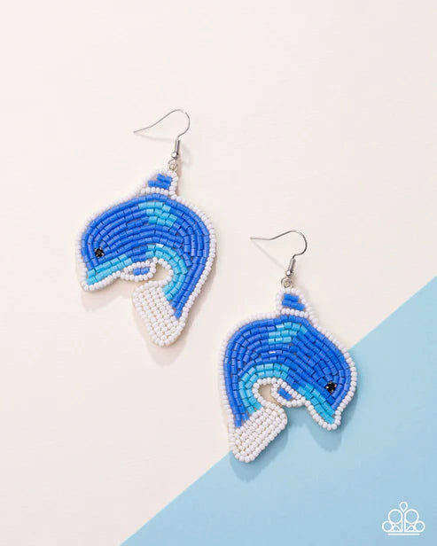 Dynamic Dolphin Blue & White Seed Bead Dolphin Earring 2025 Summer Pack Paparazzi E2929