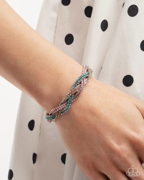 Treasured Twist Multi Peach, Aquamarine, Light Pink Rhinestone Braided Bracelet 2025 Summer Party Pack Paparazzi B2259