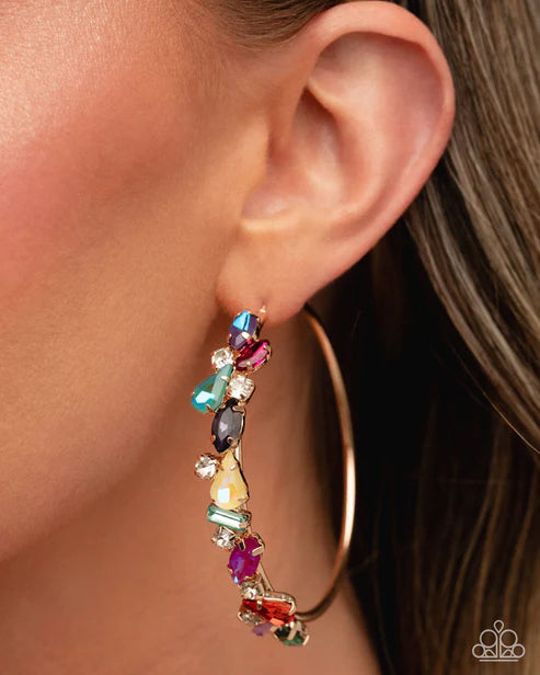 Multicolored Memory Multicolored Rhinestone & Gem 2 1/2 Inch Hoop Earring Paparazzi 2025 Summer Party Pack E2937