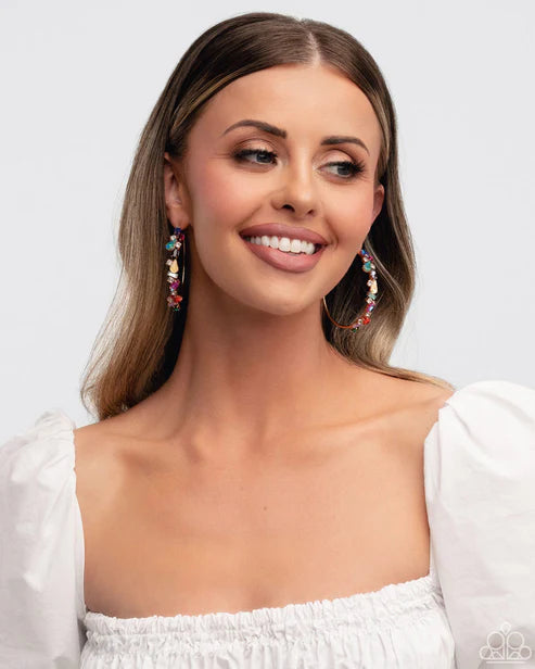Multicolored Memory Multicolored Rhinestone & Gem 2 1/2 Inch Hoop Earring Paparazzi 2025 Summer Party Pack E2937