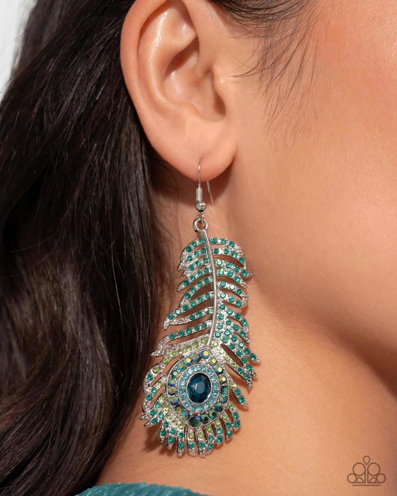 Prized Peacock - Green and Blue Rhinestone Silver Peacock Feather Earrings August 2025 Life of the Party Paparazzi