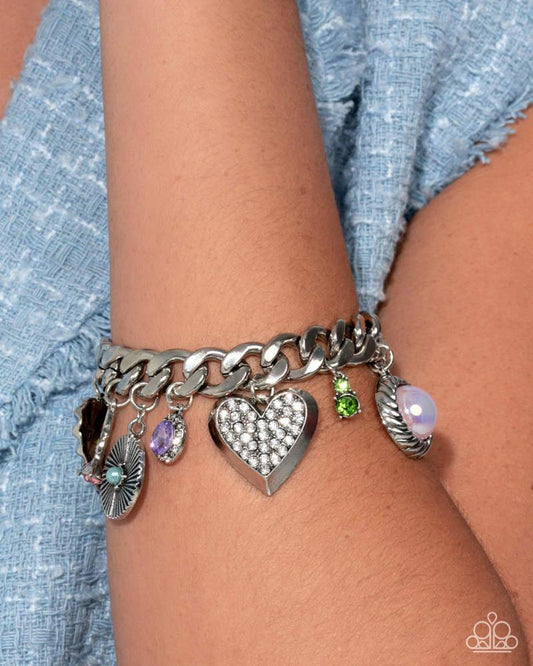 Massively Malibu - Multi Iridescent Gem Pink Heart Silver Charm Bracelet August 2025 Life of the Party Paparazzi B2340