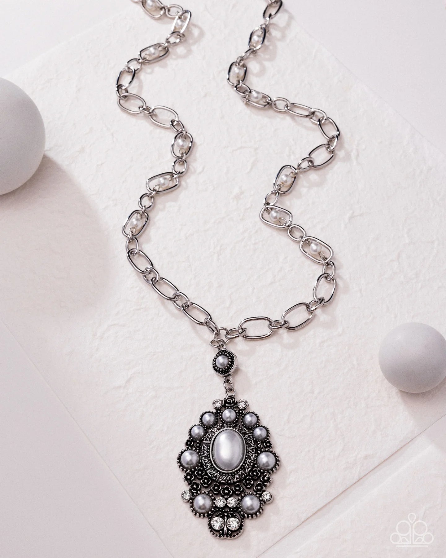 Vintage Selfie - White Pearl Rhinestone Silver Necklace Meet Your Match Fall 2025 Paparazzi N3492