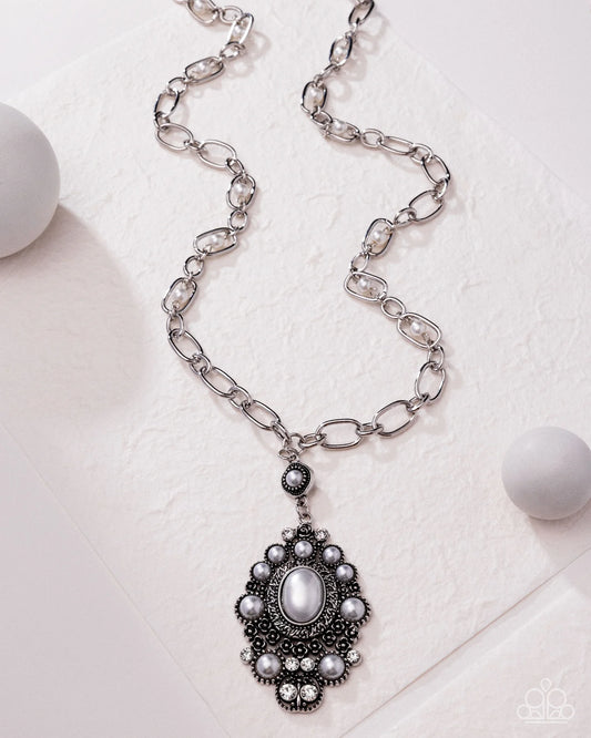 Paparazzi Vintage Selfie - White Pearl Rhinestone Silver Necklace Meet Your Match Fall 2025 Paparazzi N3492