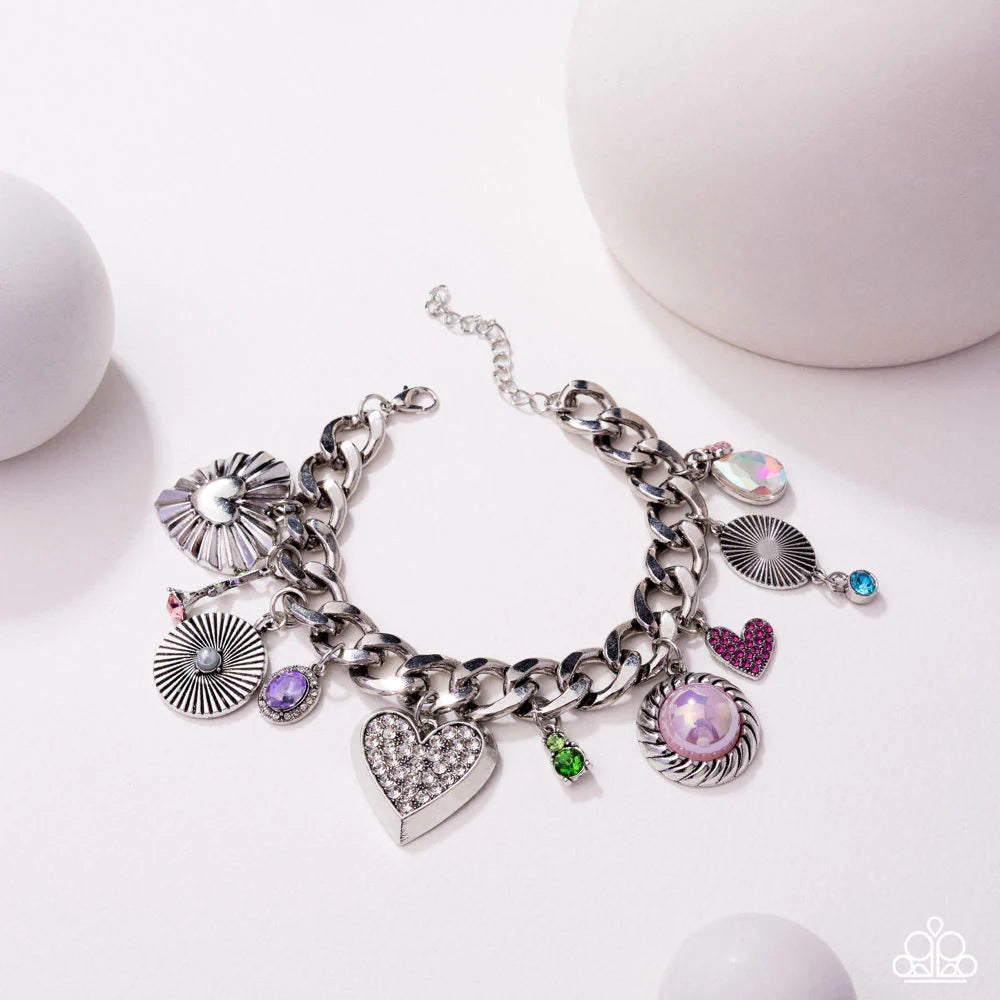 Massively Malibu - Multi Iridescent Gem Pink Heart Silver Charm Bracelet August 2025 Life of the Party Paparazzi