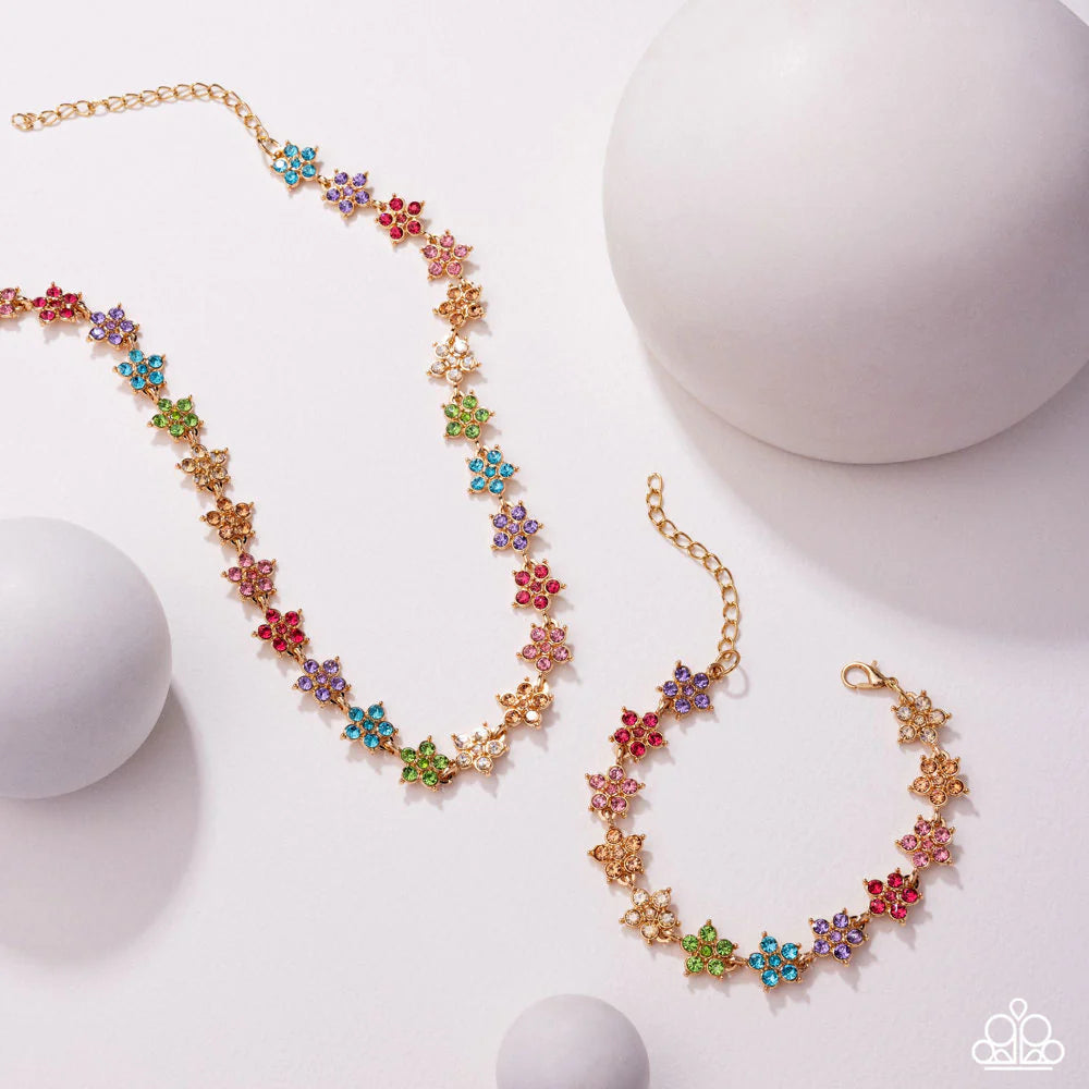 Floral Field - Multi Color Rhinestone Gold Necklace August 2025 Life of the Party Paparazzi