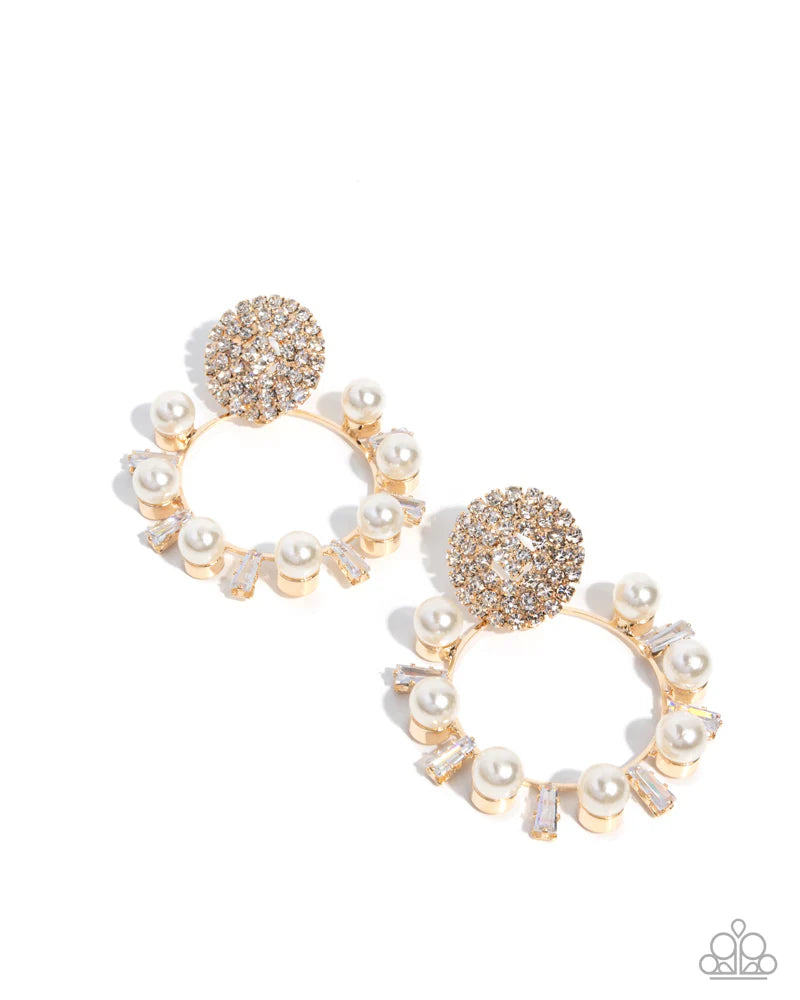 Paparazzi Wistfully Waltzing - Gold White Rhinestone Pearl Post Earrings Life of the Party January 2026