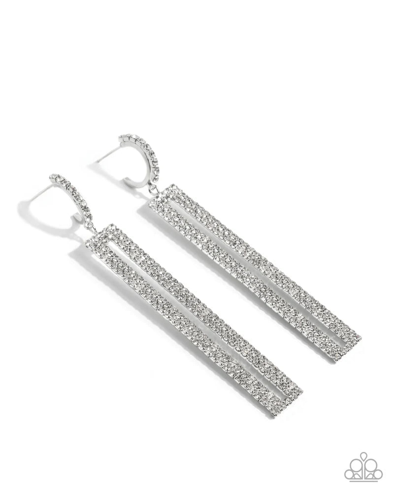 Paparazzi Elongated Ease - White Rhinestone Silver 3/4 Inch Hoop Earrings Life of the Party January 2026