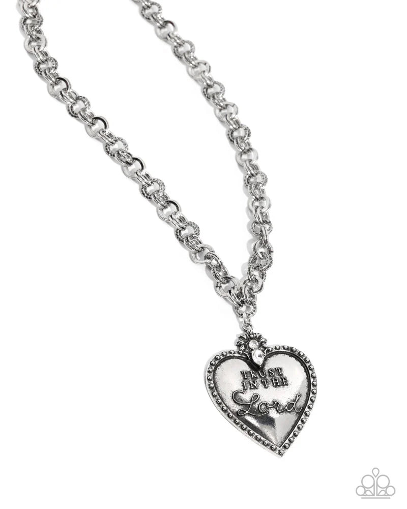 Paparazzi Permanent Proverb - White Rhinestone Silver Heart Trust in the Lord Heart Necklace Life of The Party January 2026