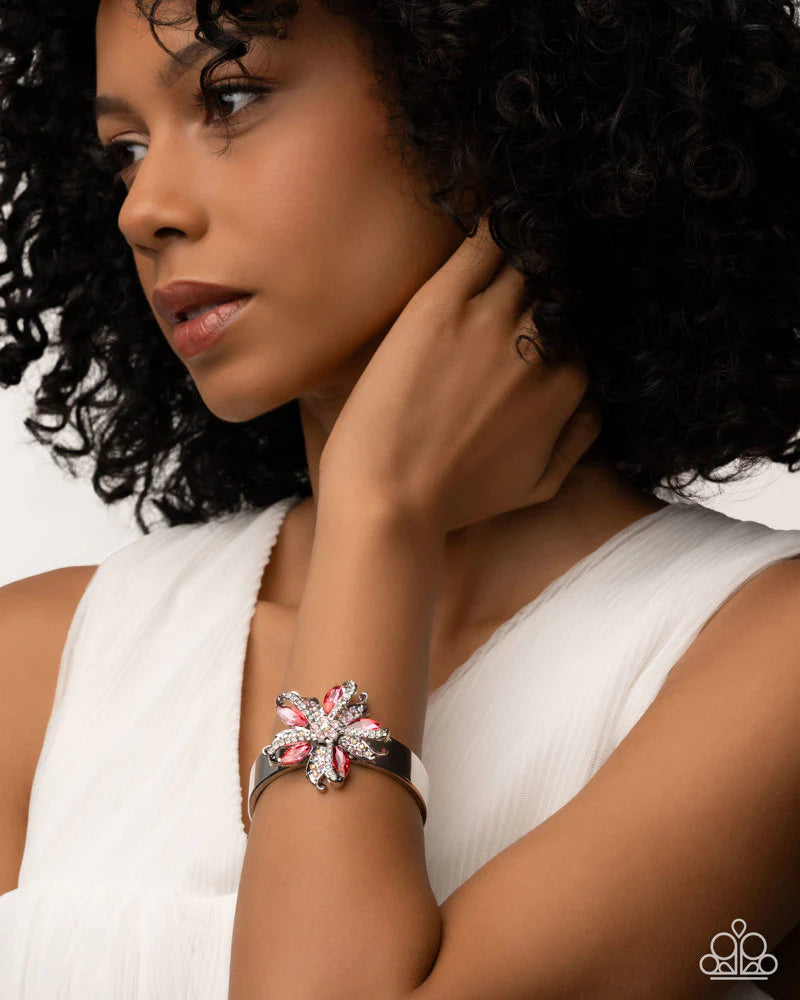 Paparazzi Encased Elite - Pink Gem Silver Flower Hinge Bracelet Life of the Party January 2026