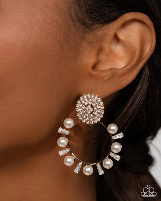 Paparazzi Wistfully Waltzing - Gold White Rhinestone Pearl Post Earrings Life of the Party January 2026