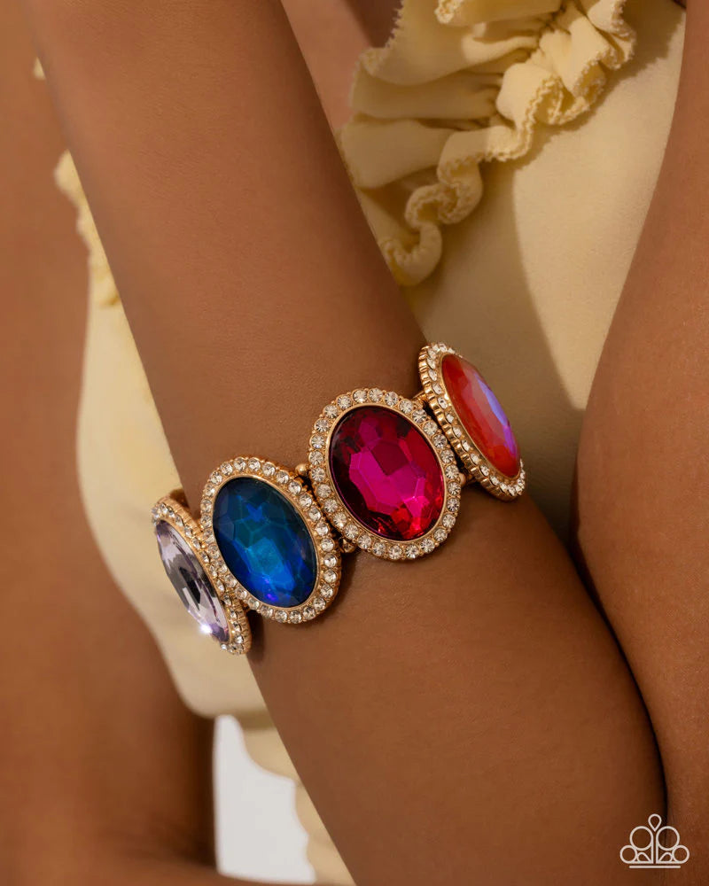 Paparazzi Everyday Elevation - Multi Color Gem Gold Stretch Bracelet Life Of The Party March 2026 B2421