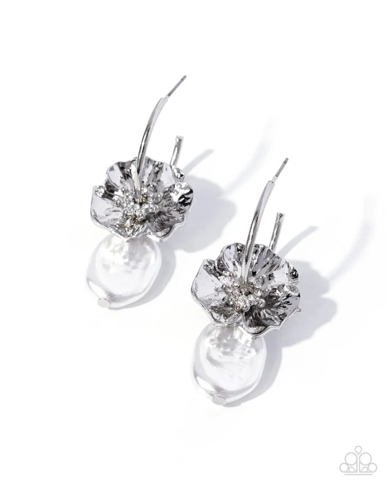 Paparazzi Gentle Grace - White Pearl Silver Flower Hoop Earrings Customer Appreciation Month Exclusive E3474