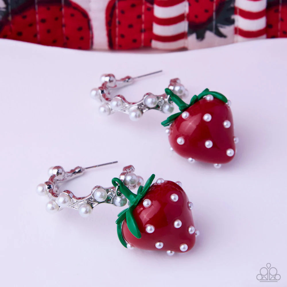 Paparazzi Strawberry Picnic - Red, Green & White Pearl Silver 1 Inch Hoop Earrings April 2026 Life of the Party E3428