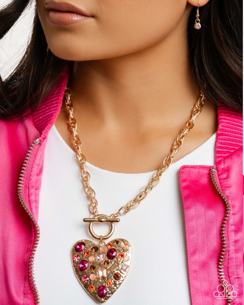 Paparazzi Circulated Chic - Pink Gems Gold Heart Toggle Style Necklace June 2026 Life of the Party