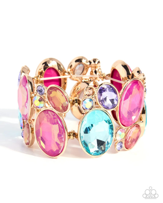 Paparazzi Oval Overture - Multicolored Pink Blue Colorful Gem Gold Stretch Bracelet June 2026 Life Of The Party