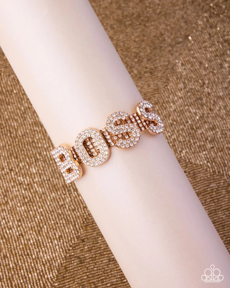 Paparazzi Boldly Bossy - Gold White Rhinestone BOSS Bracelet August 2026 Life of the Party B2786