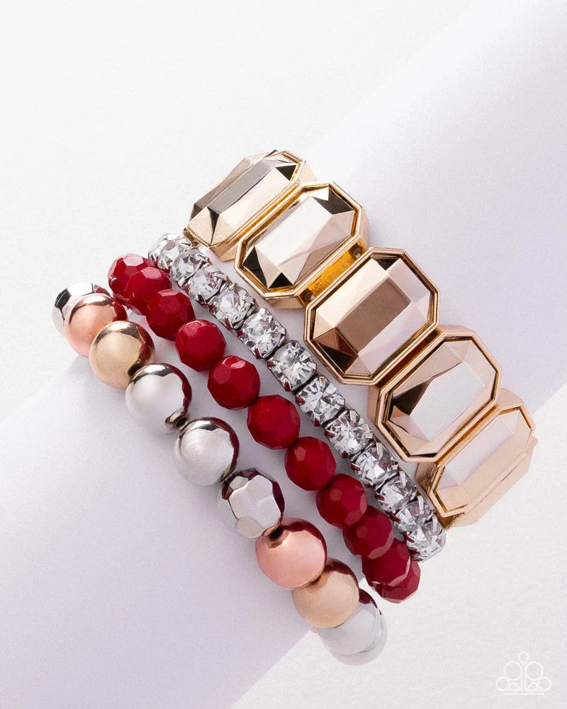 Paparazzi Outstanding Operation Red, Gold, White Gem Stretch Set of 4 Bracelet Part Of The Fall Trend Preview Pack 2026