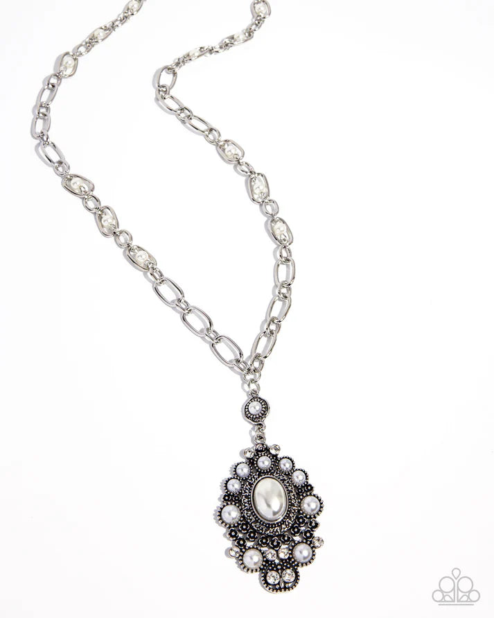 Vintage Selfie - White Pearl Rhinestone Silver Necklace Meet Your Match Fall 2025 Paparazzi N3492