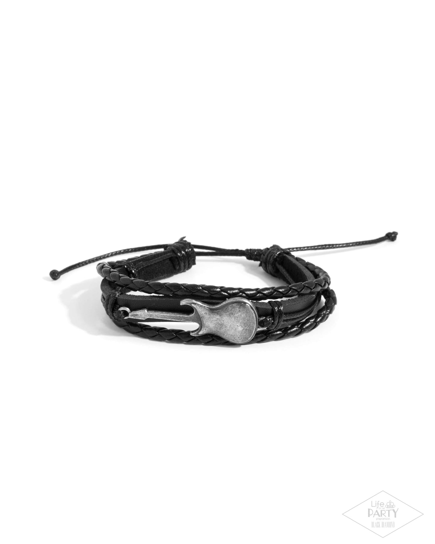Lead Guitar - Black Braided Leather Cording & Metallic Guitar Charm Urban Bracelet Life Of The Party Black Diamond Encore Paparazzi B2144