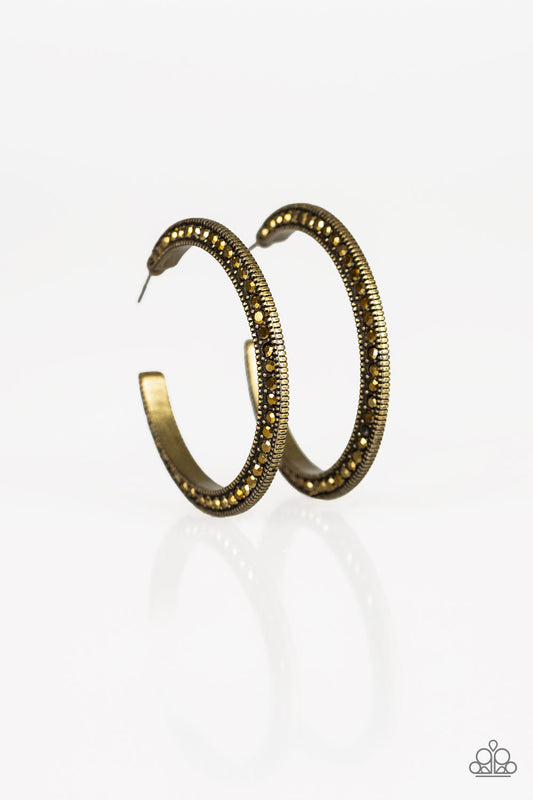 Dazzling Diamond-naire Brass & Golden Aurum Rhinestone 1 1/2 Inch Hoop Earring Paparazzi E0370