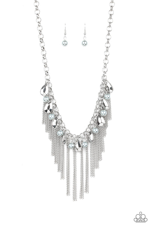 Industrial Intensity - Silver Teardrop, Pearly Bead, And Chain Fringe Necklace Paparazzi N2238