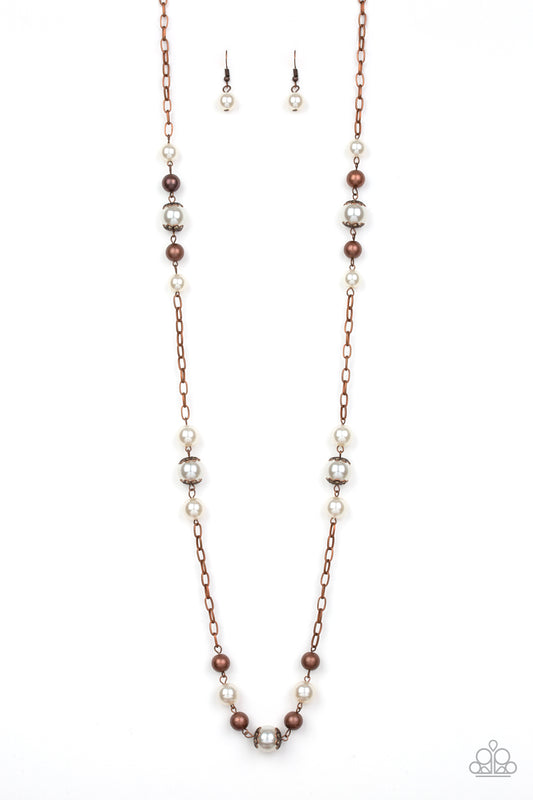 Wall Street Waltz - Copper Antiqued Bead & White Pearl Long Necklace Paparazzi N2276