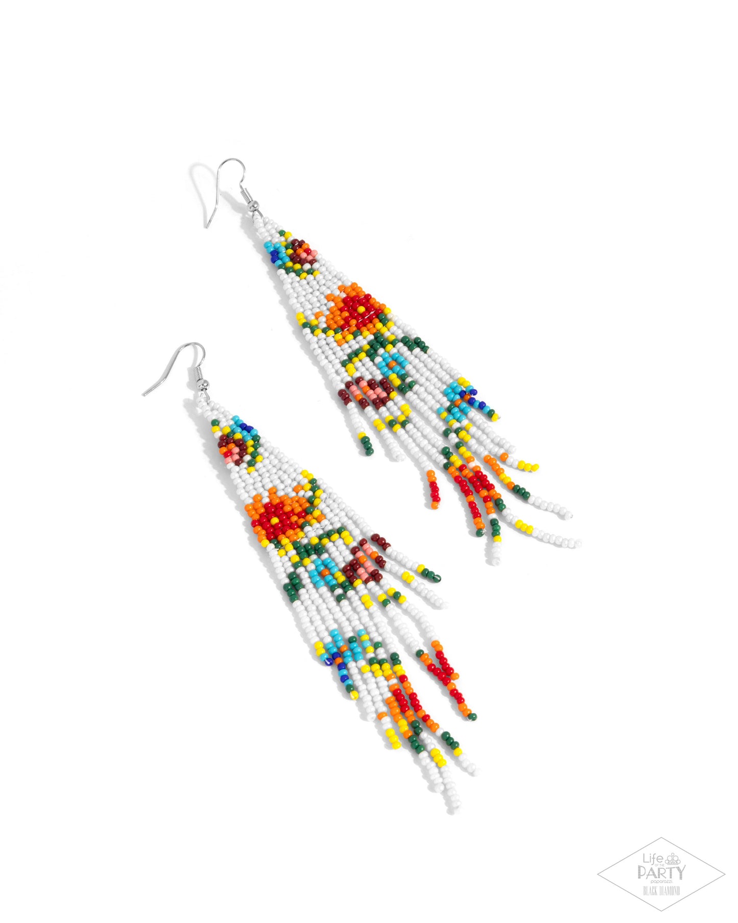 Beaded Gardens - White, Yellow, Green, Blue, Red, Orange Seed Bead Fringe Earring Life Of The Party Black Diamond Encore Paparazzi E2663