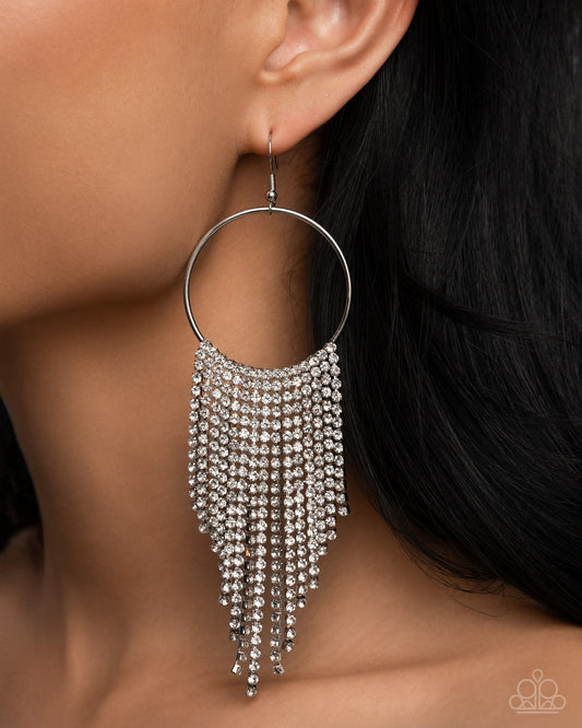 Paparazzi Streamlined Shimmer - White Rhinestone Glitzy Fringe Earring E2420