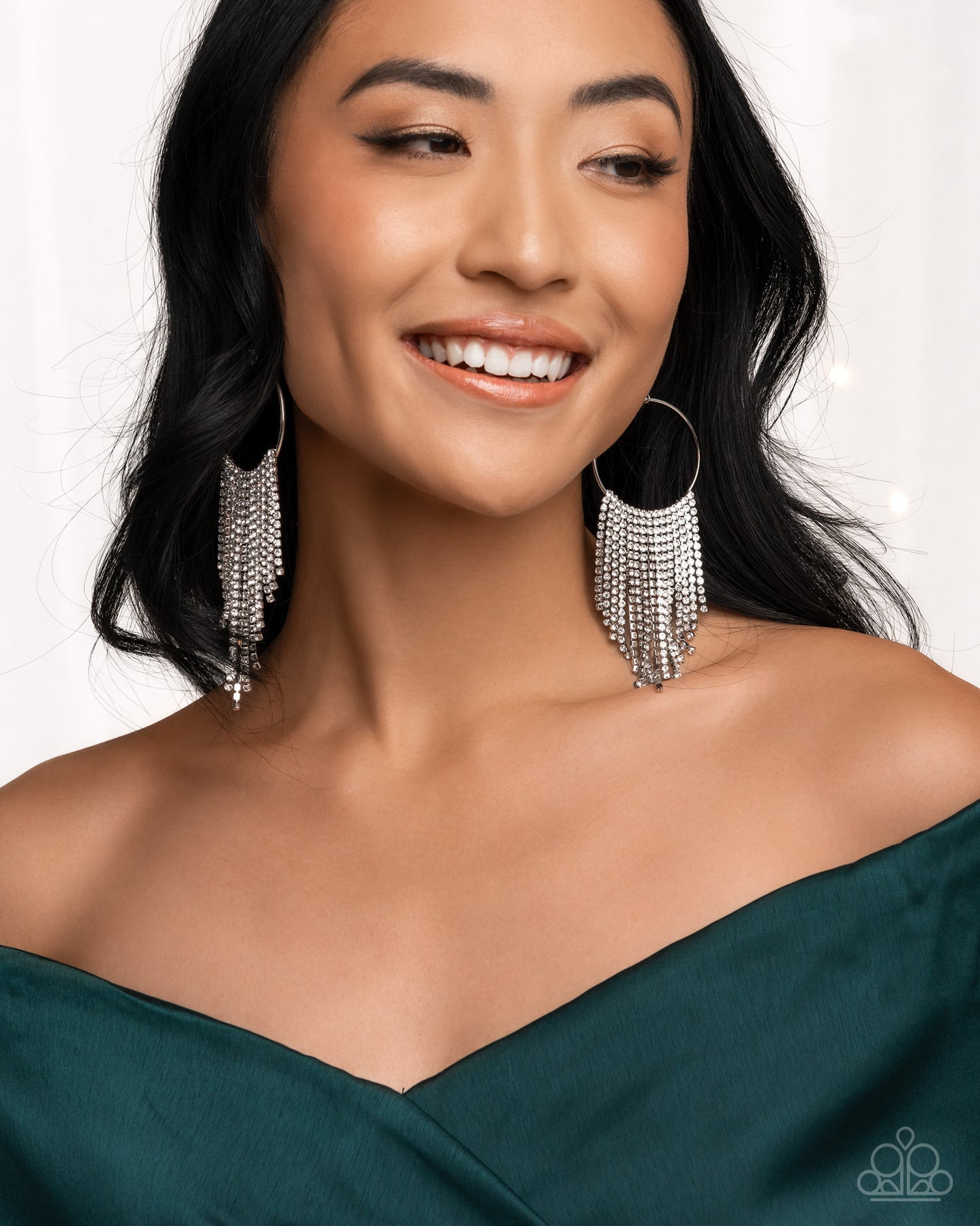 Streamlined Shimmer - White Rhinestone Glitzy Fringe Earring Paparazzi E2420