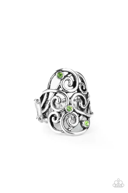 Frill Out Green Rhinestone Filigree Ring Paparazzi R0047