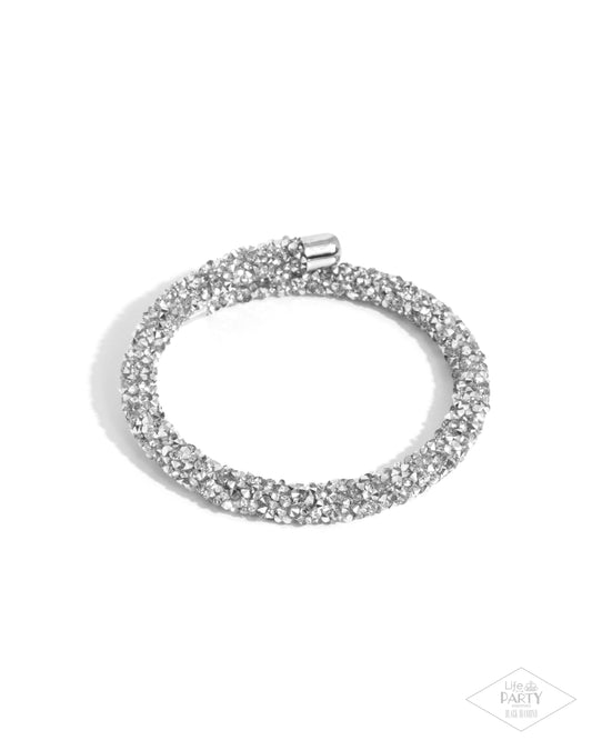 Roll Out The Glitz - Silver Metallic Flecked & Glassy White Rhinestone Coil Bracelet Life Of The Party Black Diamond Encore Paparazzi B2049
