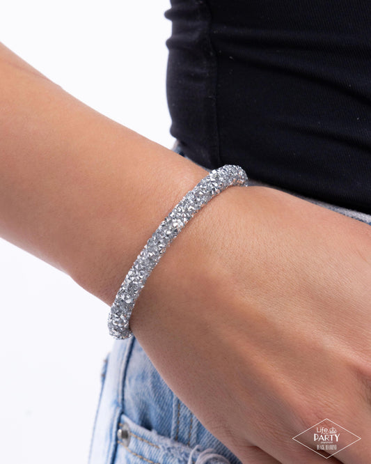 Roll Out The Glitz - Silver Metallic Flecked & Glassy White Rhinestone Coil Bracelet Life Of The Party Black Diamond Encore Paparazzi B2049