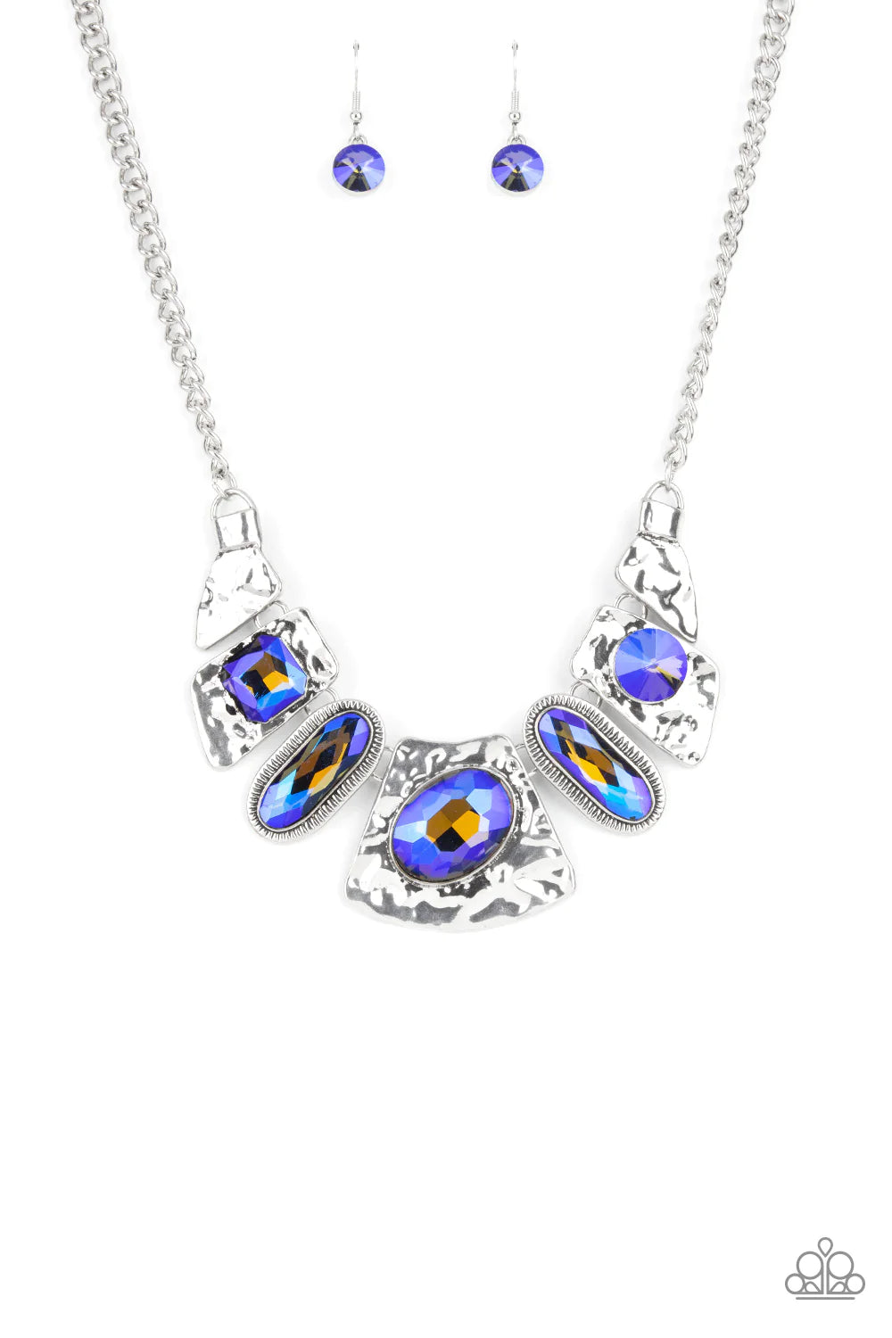 Futuristic Fashionista Blue French Gem Silver Hammered Necklace Paparazzi N1974