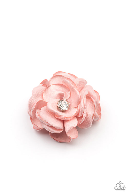 Pampered in Petals - Pink Soft Satin & White Rhinestone Center Hair Flower Clip Paparazzi H0161