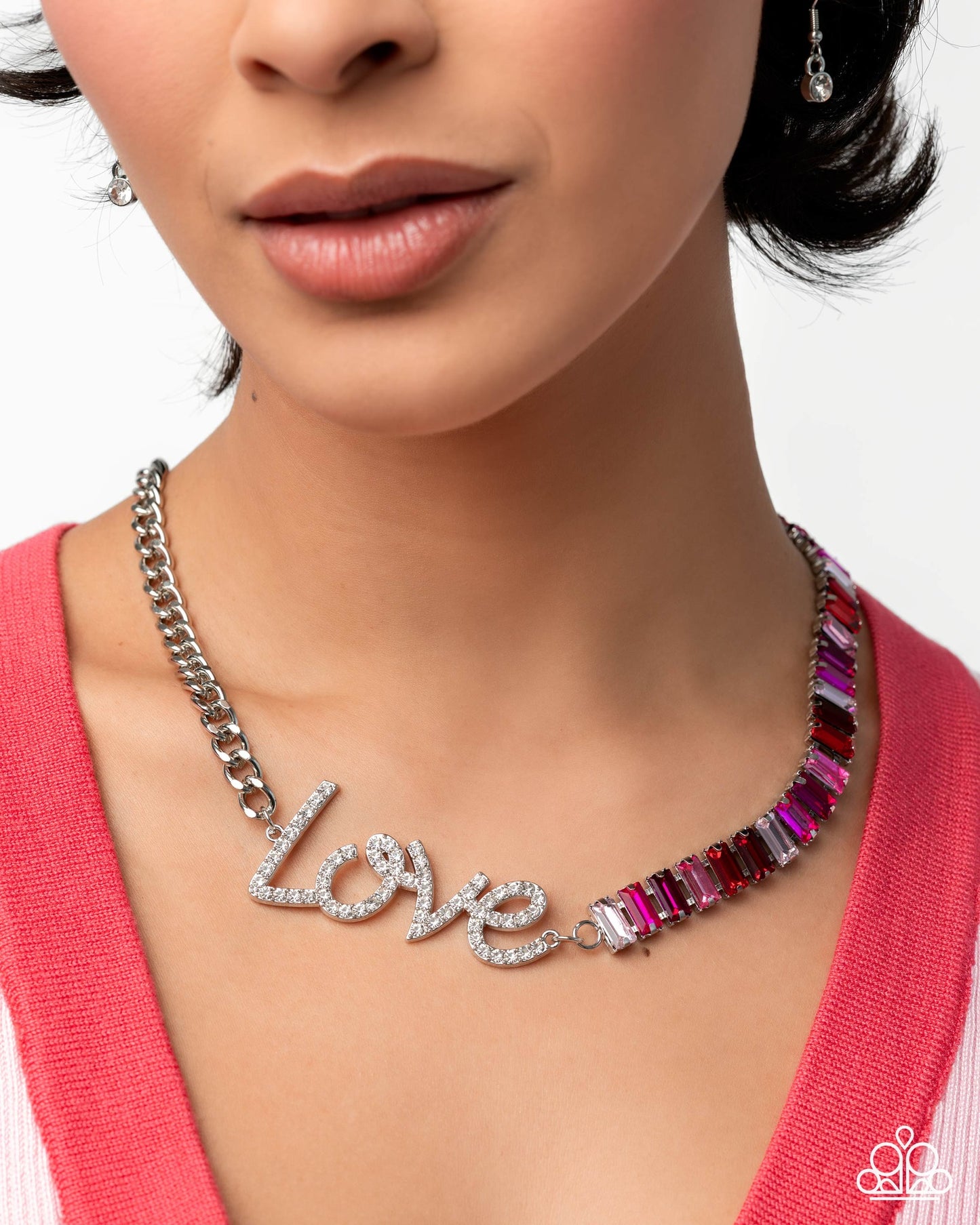 Paparazzi Lovely Contrast Multicolored Pink Gem White Rhinestone LOVE Necklace December 2025 Life Of The Party
