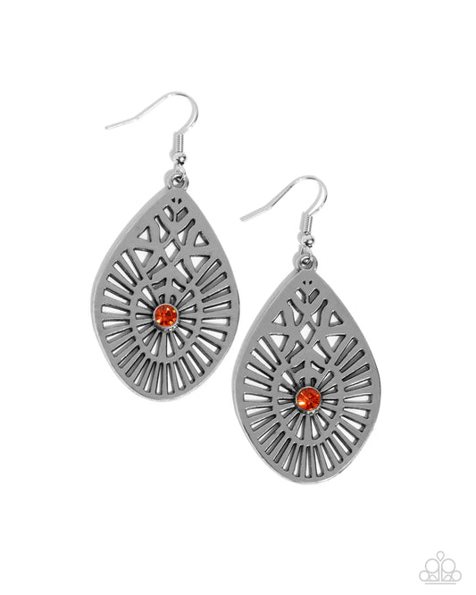 Modern Mural Orange Rhinestone Silver Teardrop Earring Paparazzi E2181