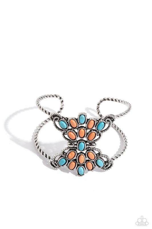 Paparazzi Pleasantly Plains - Multi Turquoise & Orange Stone Silver Cuff Santa Fe Style Bracelet B2570