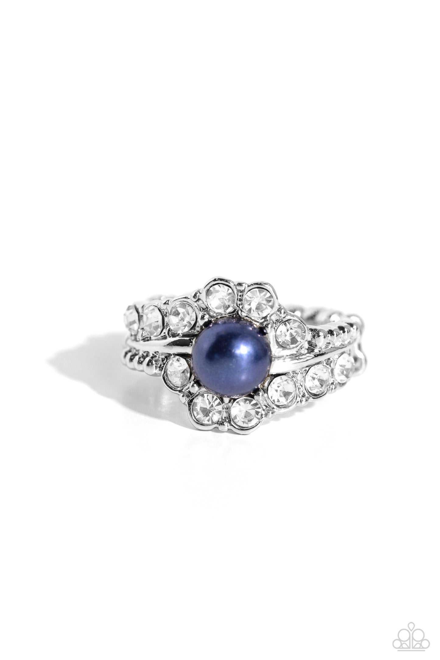 Titanic Tango - Blue Montana Pearl White Rhinestone Dainty Stretch Band Ring Paparazzi R0829